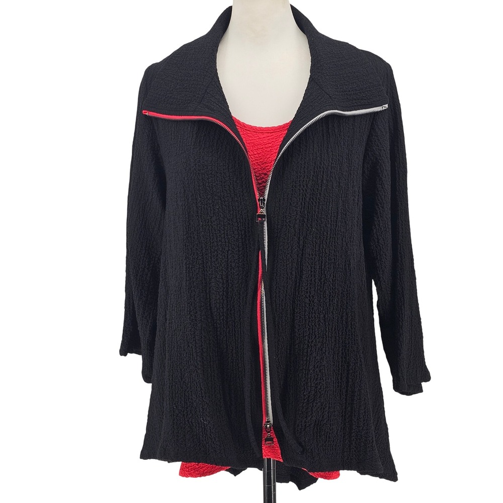 Kiyo Zip Tunic Tank Set XS/M Black Red Lagenlook Oversized Textured Crinkle 2pc - Picture 2 of 16